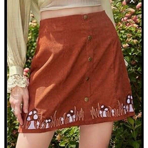 Fairycore Medium Mushroom Embroidery Floral Print Country Style Mini Skirt - Picture 1 of 7